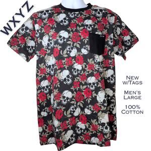 WXYZ Mens T-Shirt Large Black Red Skull Rose Allover Graphic Pocket Punk Rock